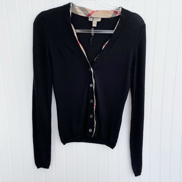 Burberry Checked-Trim Nova Merino Wool Cardigan Black Size Small - Picture 4 of 14